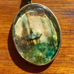 Oval Upcycled Chinese Paper Fan Rainy Pagoda Scene Clear Resin Pendant Necklace